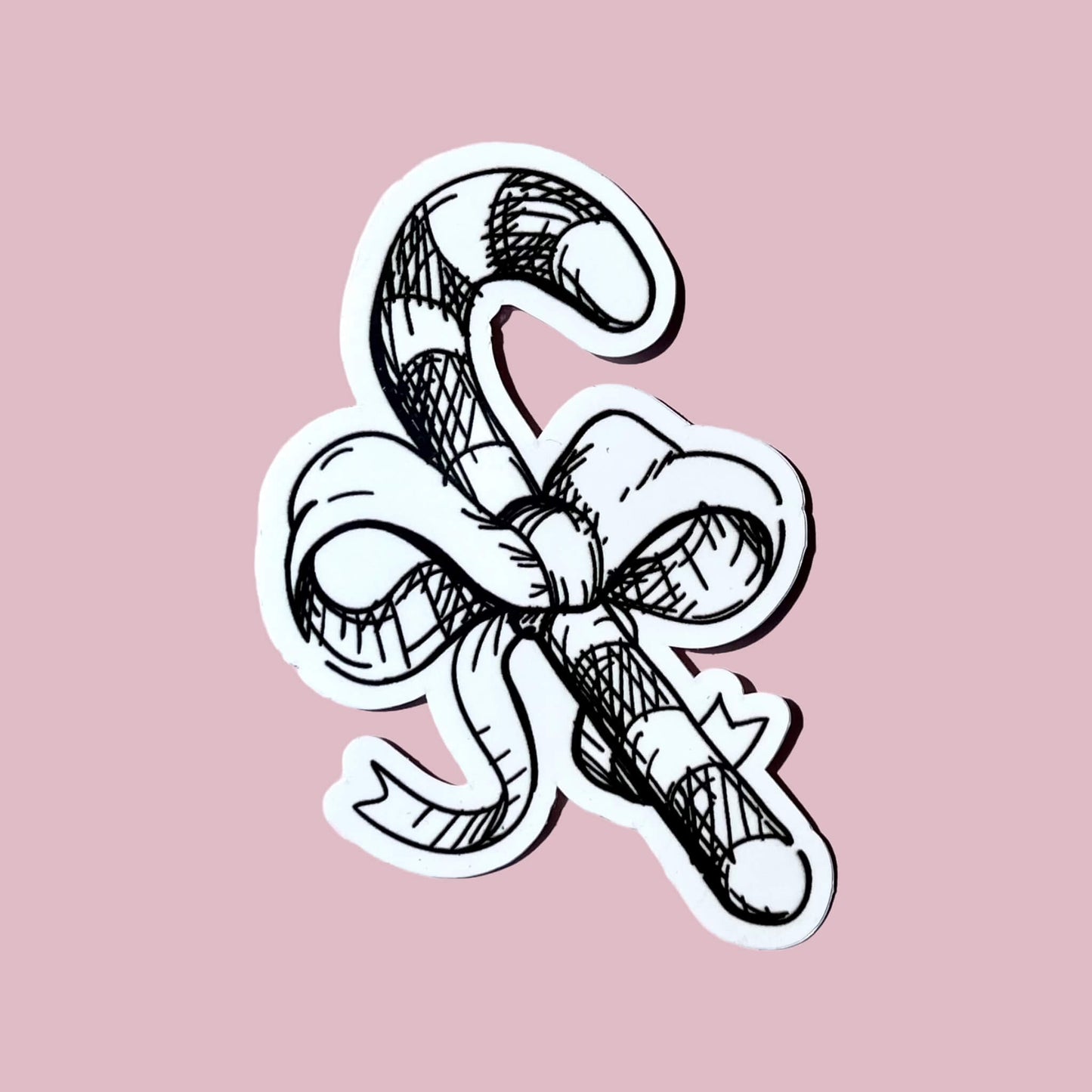 Black & White Bow Wrapped Candy Cane Vinyl Sticker