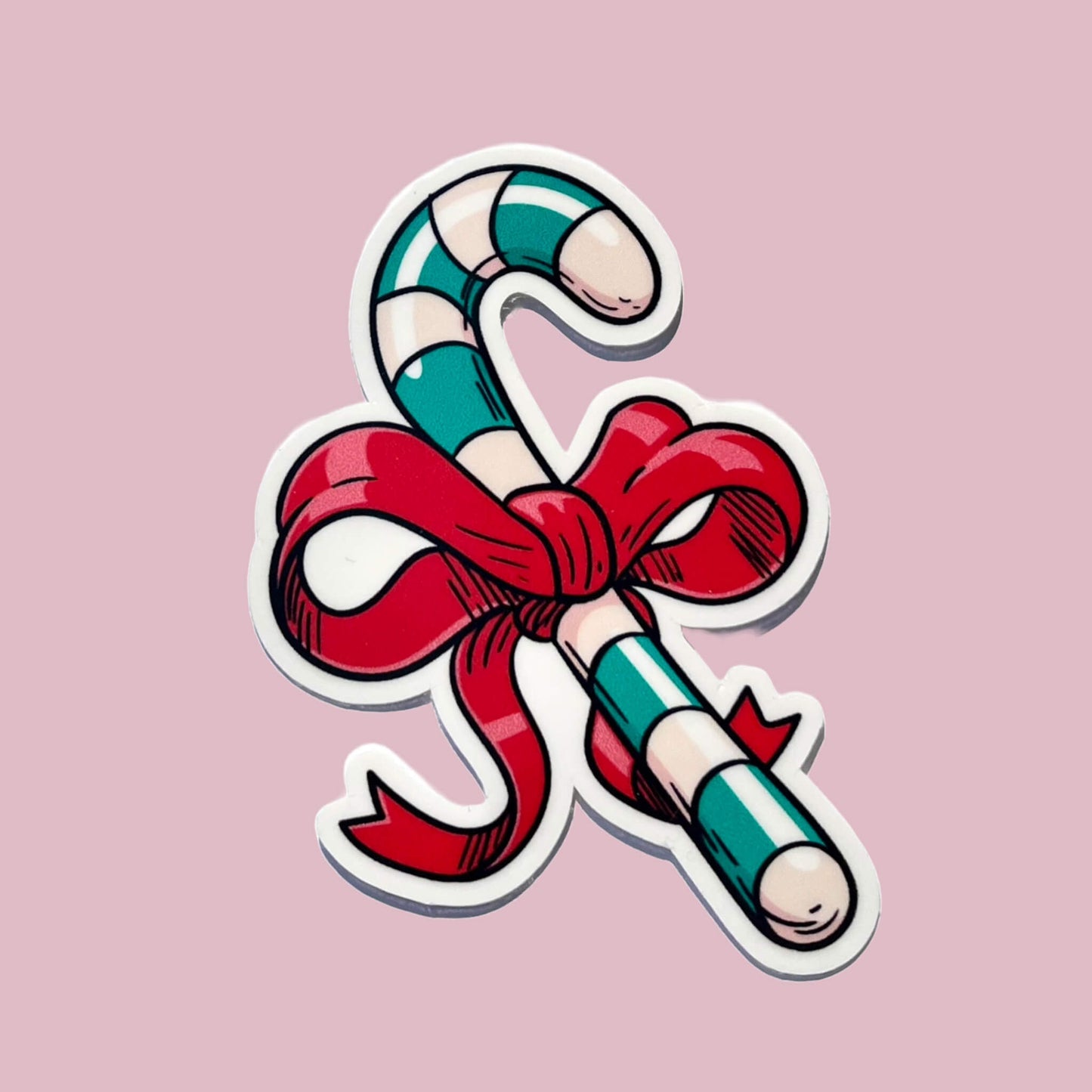 Green & White Bow Wrapped Candy Cane Vinyl Sticker