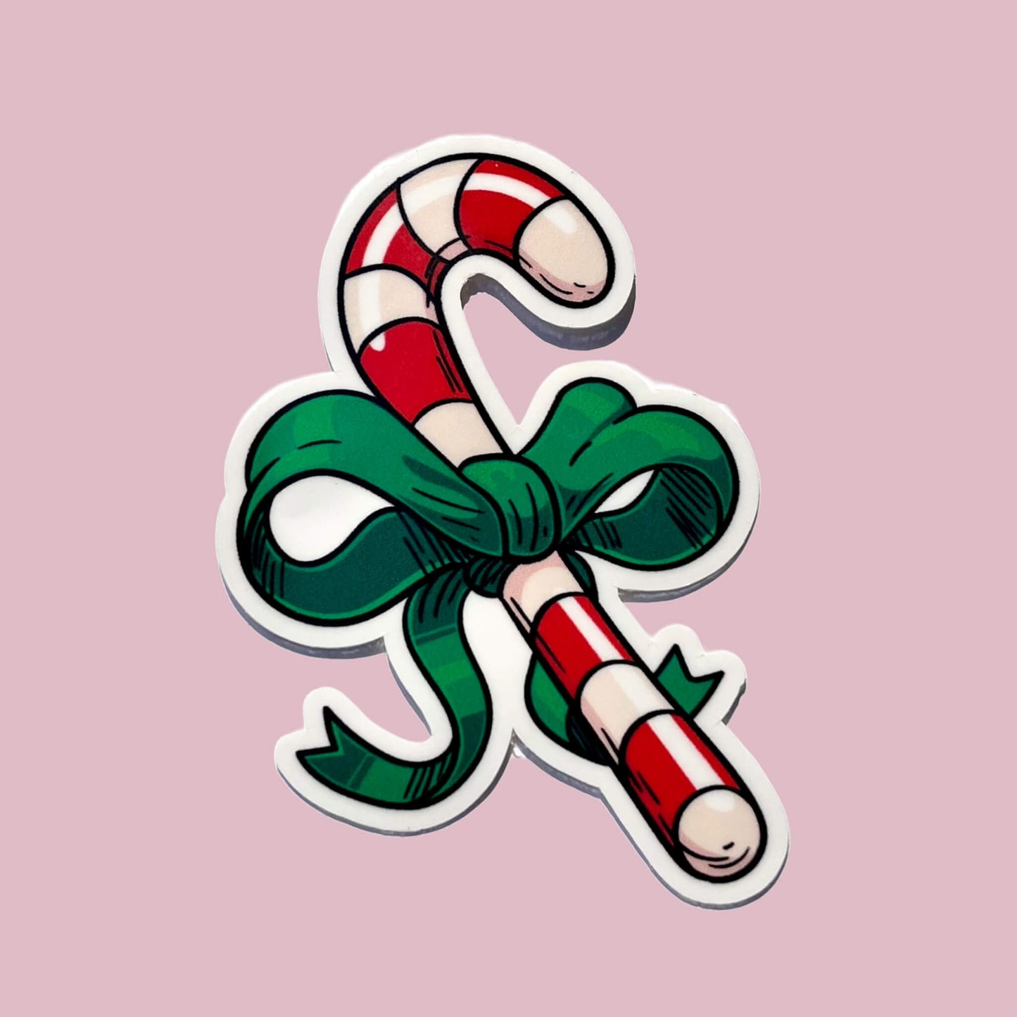 Red & White Bow Wrapped Candy Cane Vinyl Sticker